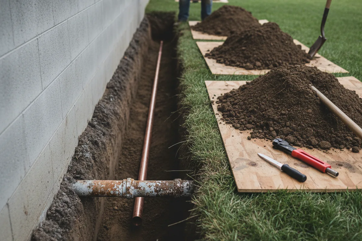 Excavated water line trench during Water Softener Installation in Closplint